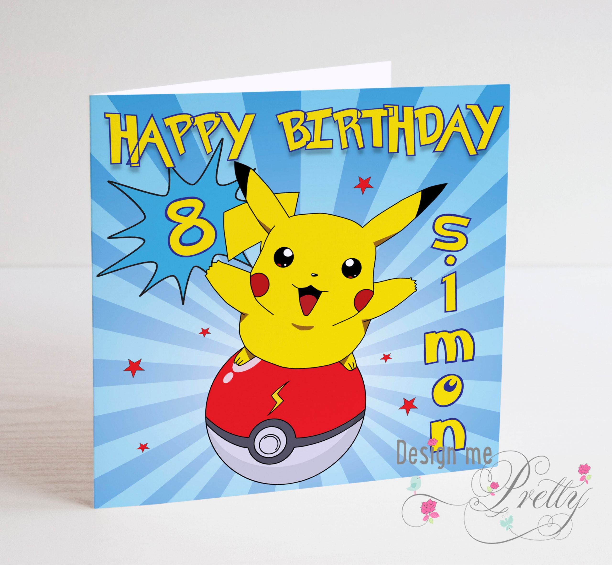 Birthday Pikachu Card
 Pokemon Pikachu Birthday Card personalised with a name and age