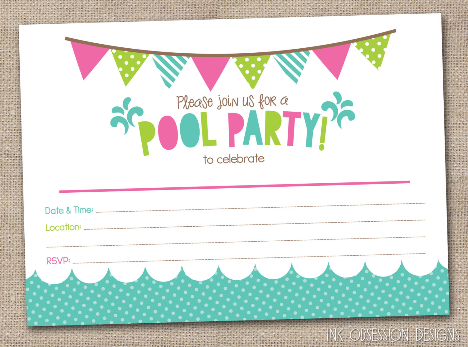 Birthday Pool Party Invitations
 Girls Pool Party Printable Invitation Fill by