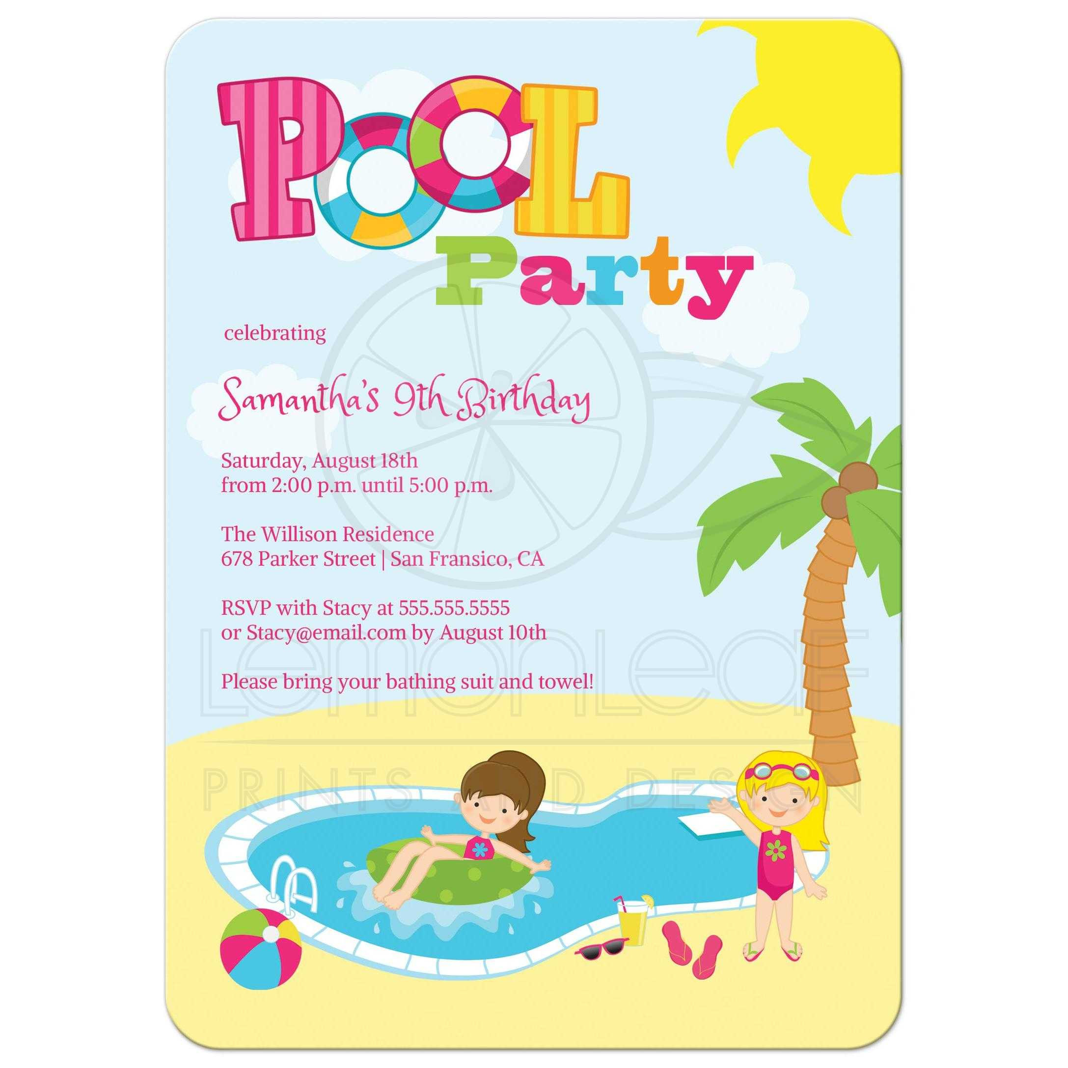 Birthday Pool Party Invitations
 Birthday Party Invitation Girl Pool Party