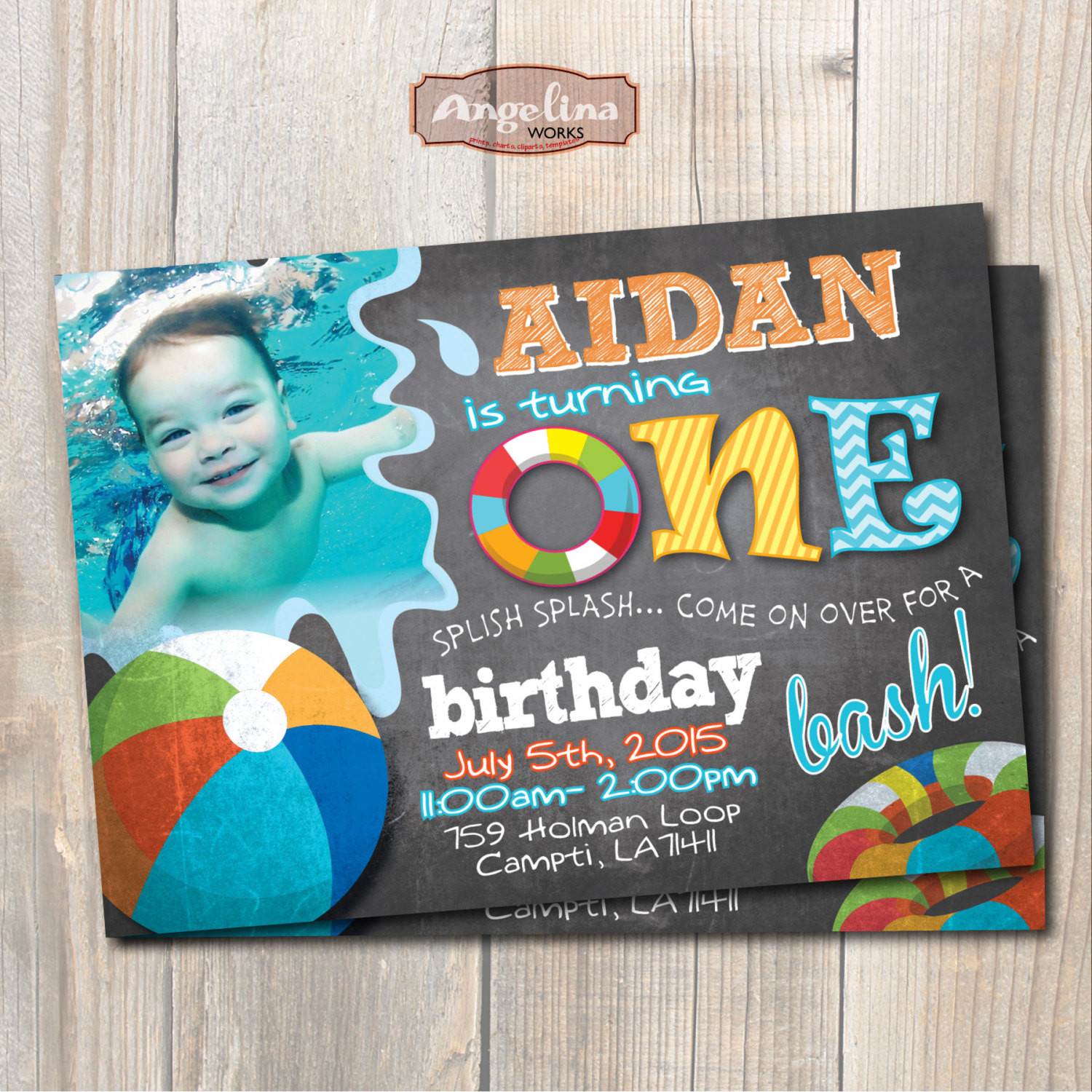 Birthday Pool Party Invitations
 Pool Party Birthday Invitation First birthday Chalkboard