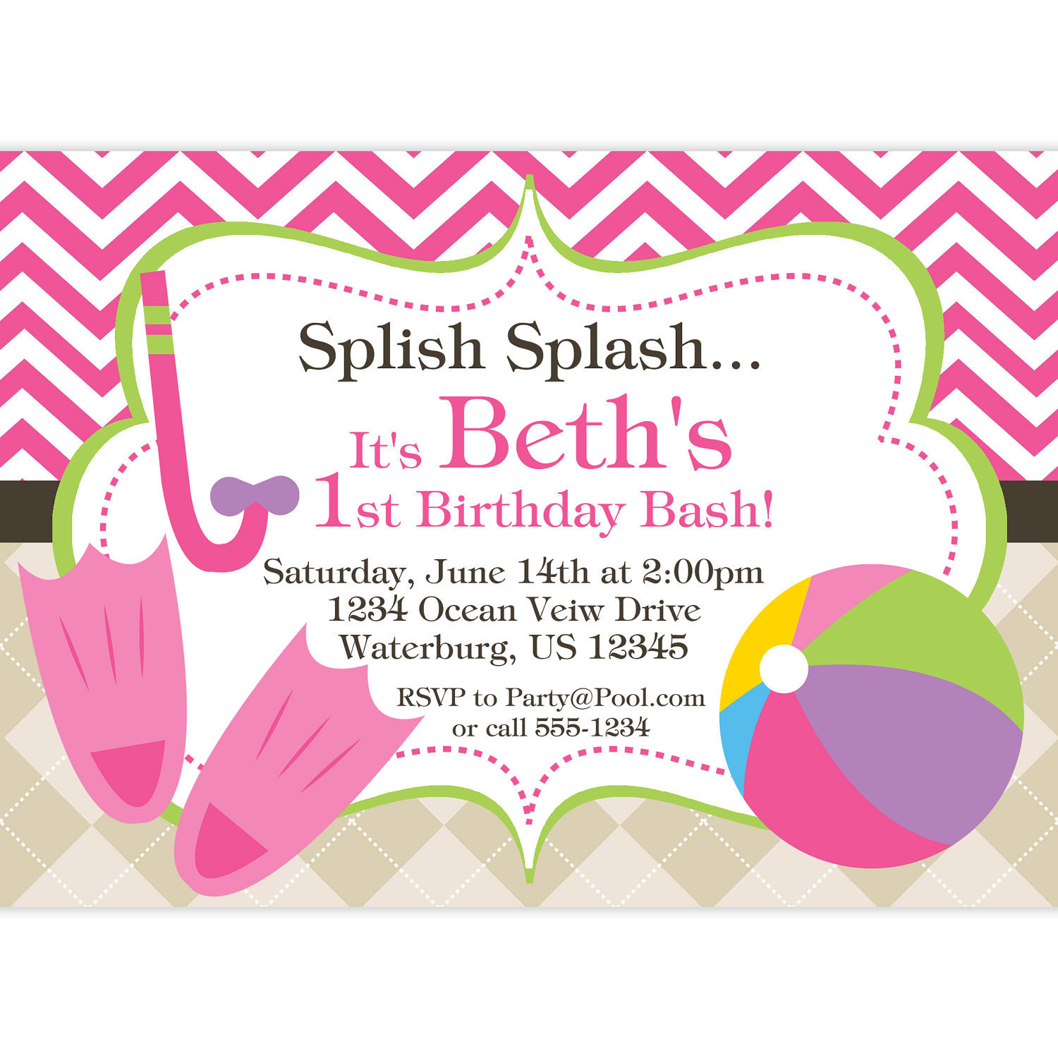 Birthday Pool Party Invitations
 Pool Party Invitation Pink Chevron and Tan Argyle Beach