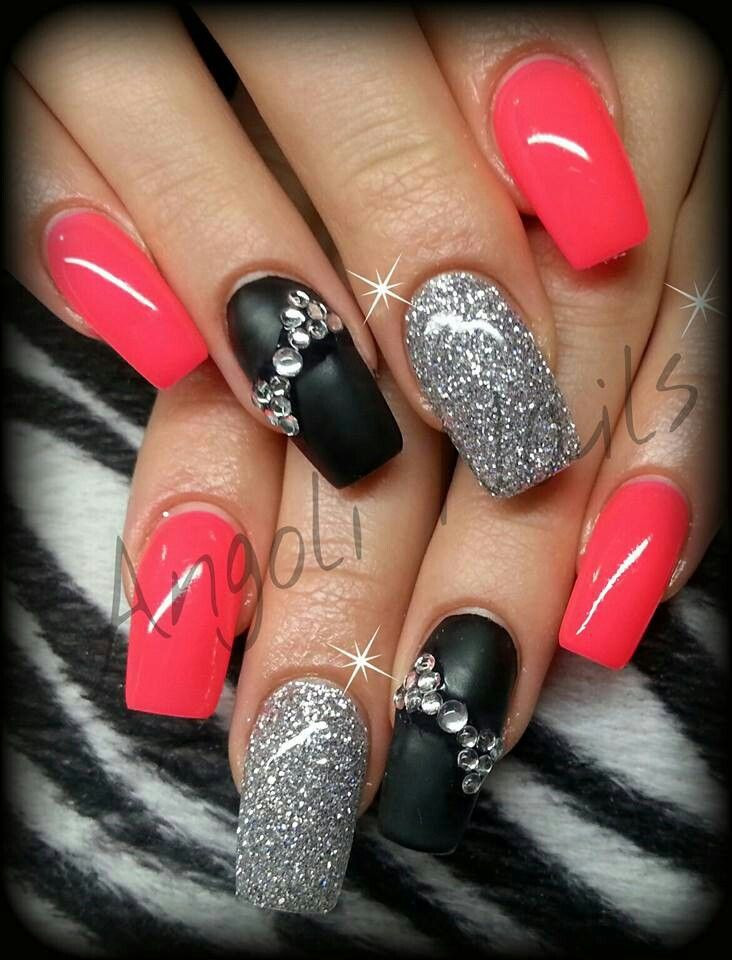 Black And Pink Glitter Nails
 Matte black silver glitter neon pink bling nails