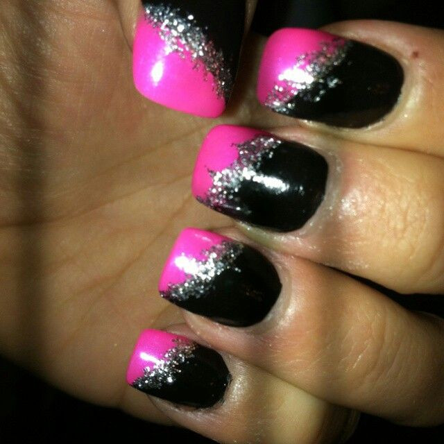 Black And Pink Glitter Nails
 Pink and black nails With images