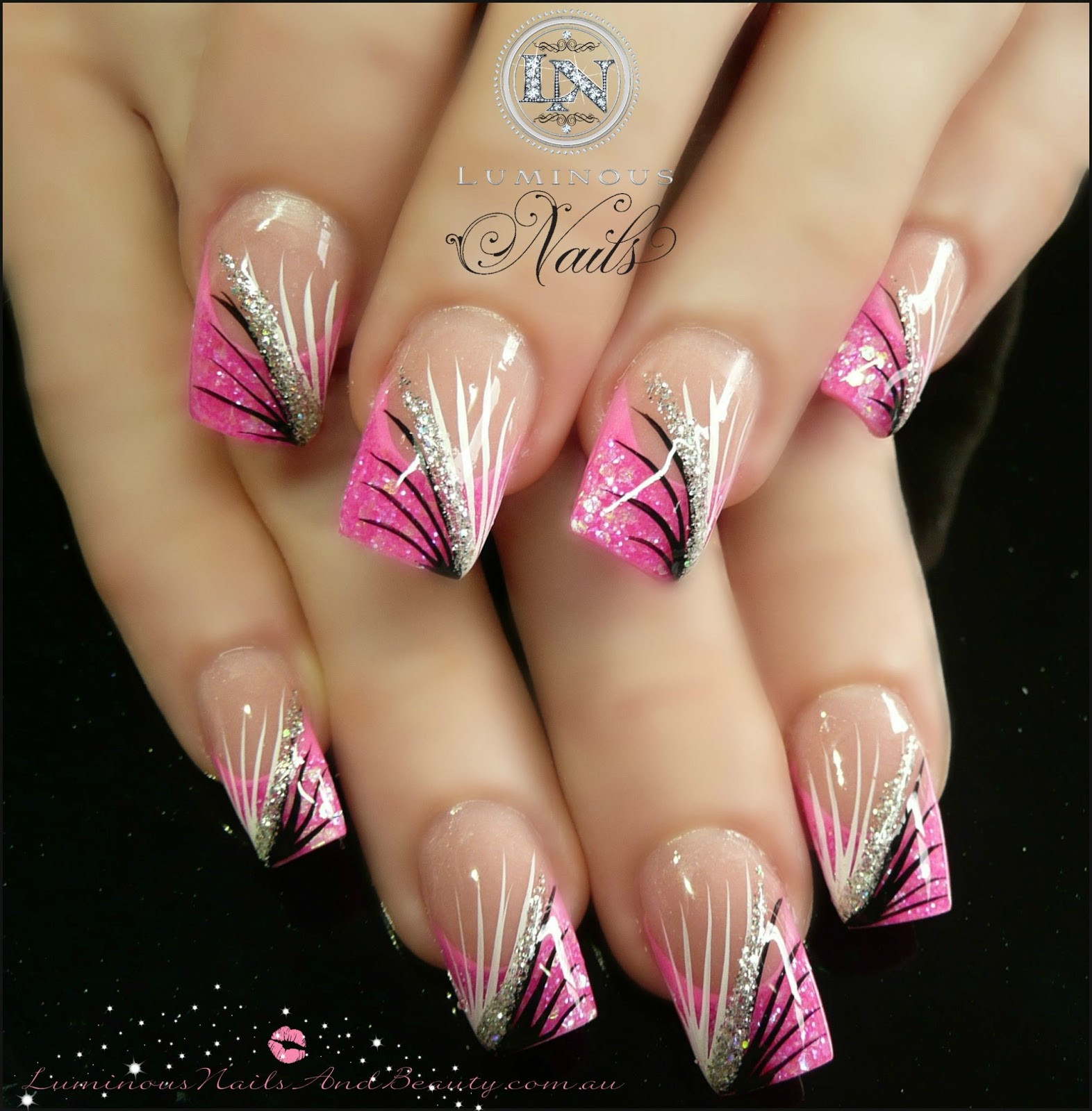 Black And Pink Glitter Nails
 Luminous Nails April 2013