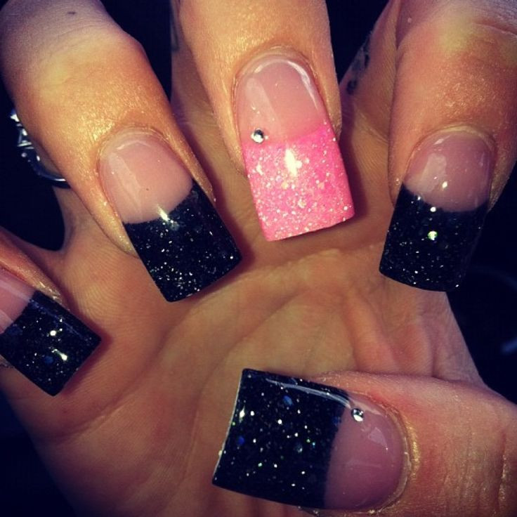 Black And Pink Glitter Nails
 Black and Pink glitter acrylic nails Nail junk