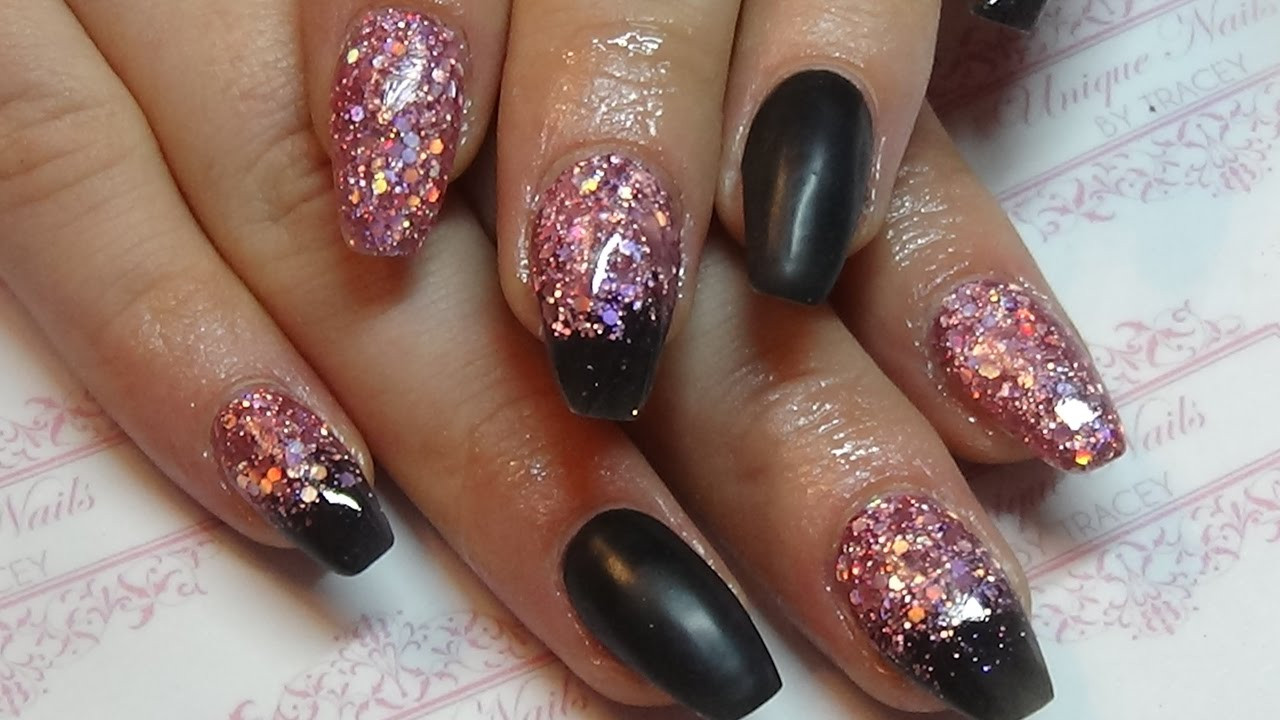 Black And Pink Glitter Nails
 Black with pink holographic glitter acrylic nails