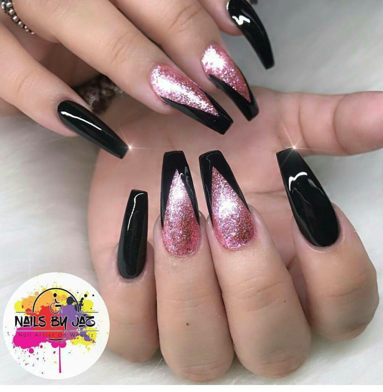 Black And Pink Glitter Nails
 pink black nails