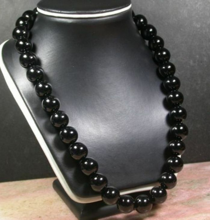 Black Bead Necklace
 huge 12mm Black AGATE JADE Bead Beaded Necklace 20 inch