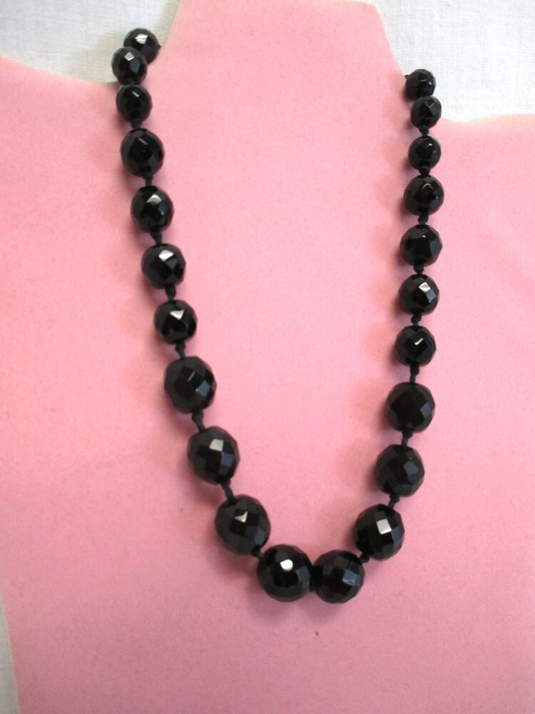 Black Bead Necklace
 Vintage Black Glass Beaded Necklace Faceted Graduated