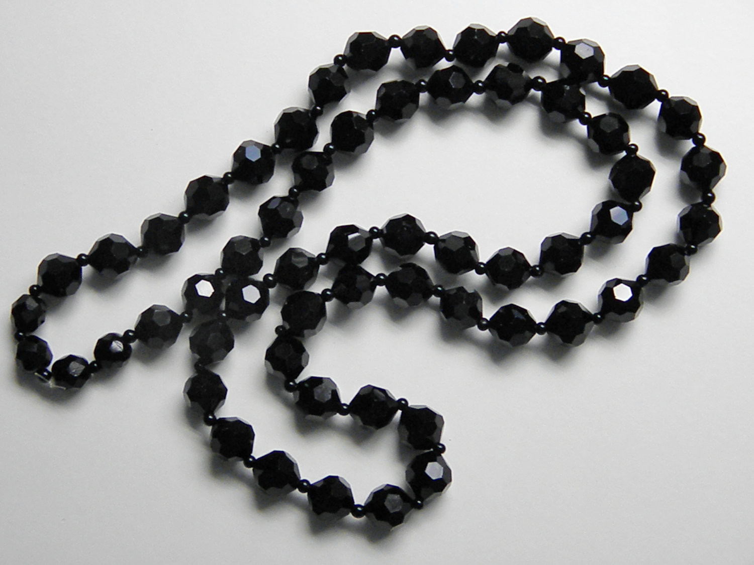 Black Bead Necklace
 Vintage Jet Black Faceted Glass Beaded Necklace 40s