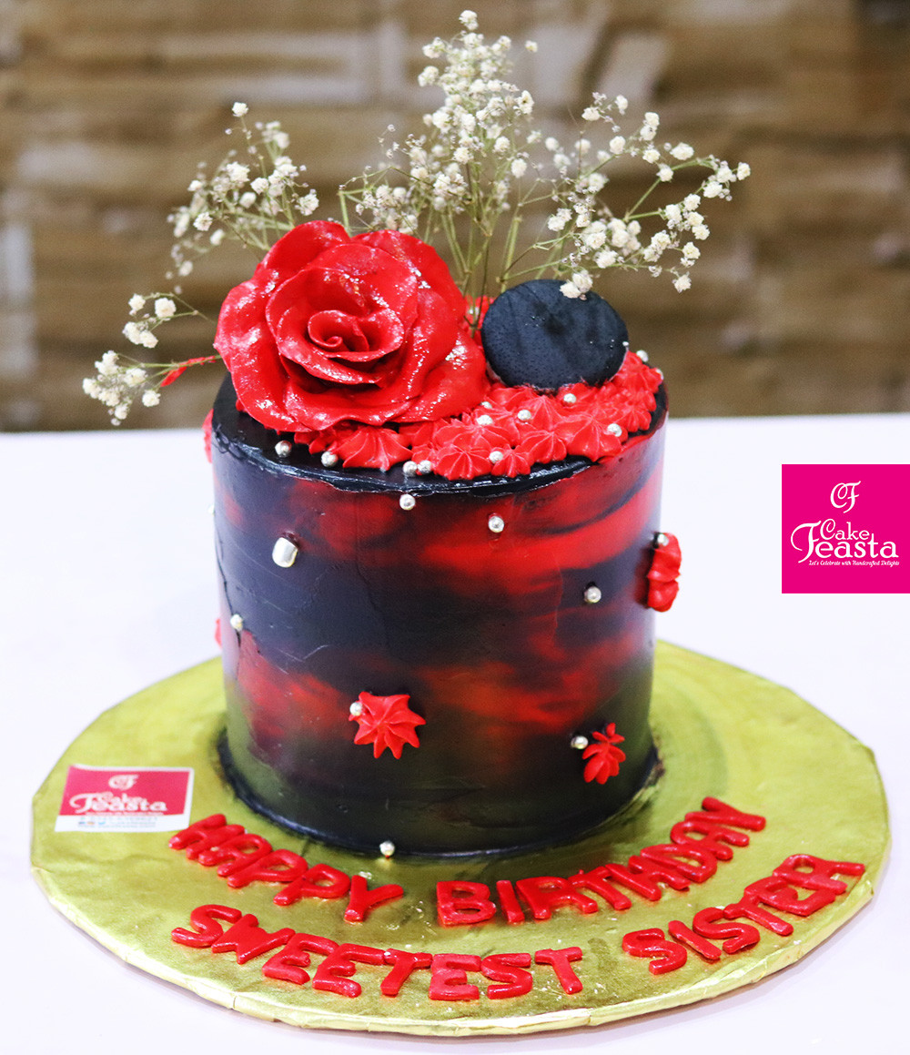 Black Birthday Cake
 Red Black Flower Birthday Cake Customized Cakes in Lahore