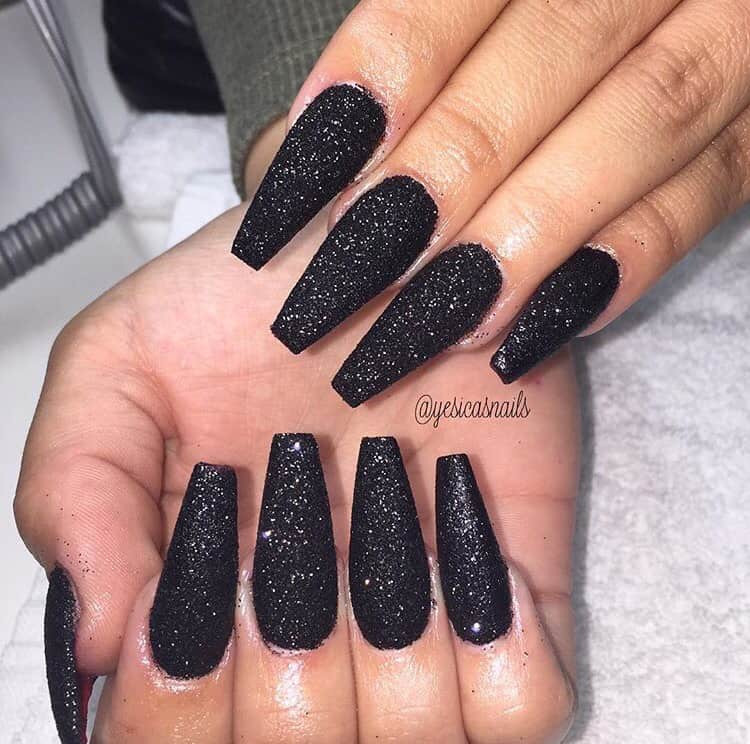 Black Nails With Glitter
 12 Best Matte Black Coffin Nails for 2020 – NailDesignCode