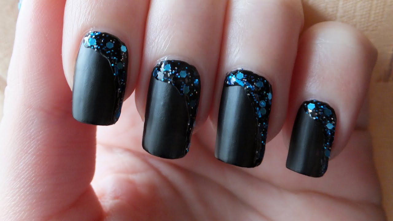Black Nails With Glitter
 Black Matte Nails With Glitter Nail Art Tutorial