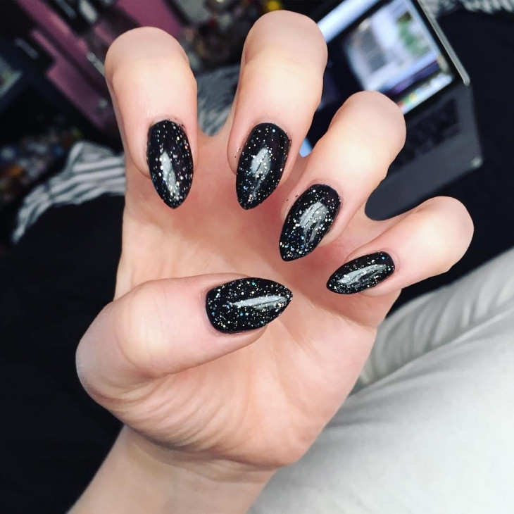 Black Nails With Glitter
 25 Pointy Nail Art Designs Ideas