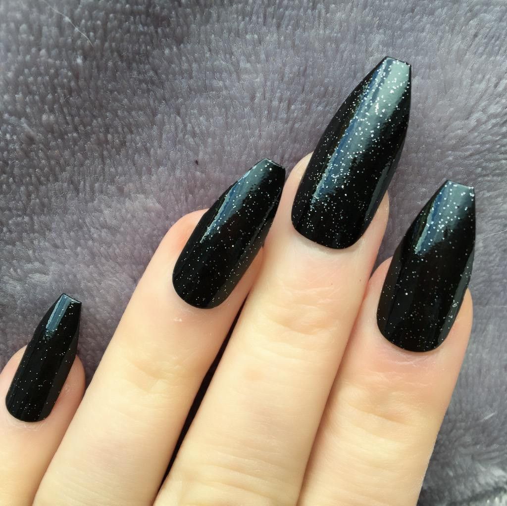Black Nails With Glitter
 Black Glitter Long Coffin – Doobys Nails