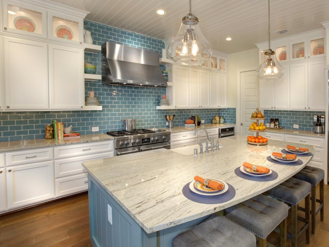 Blue Tile Backsplash Kitchen
 White kitchen cabinets with blue subway tile backsplash