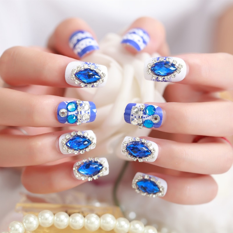 Blue Wedding Nails
 24Pcs set French 3D Bridal Wedding False Nails Nail Art