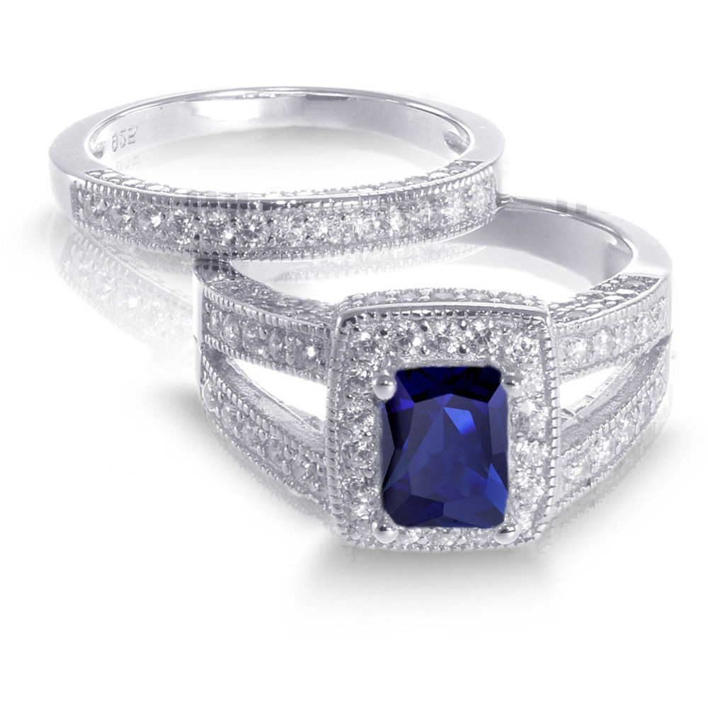Blue Wedding Ring Set
 Emerald Cut Royal Blue Sapphire CZ Engagement Wedding
