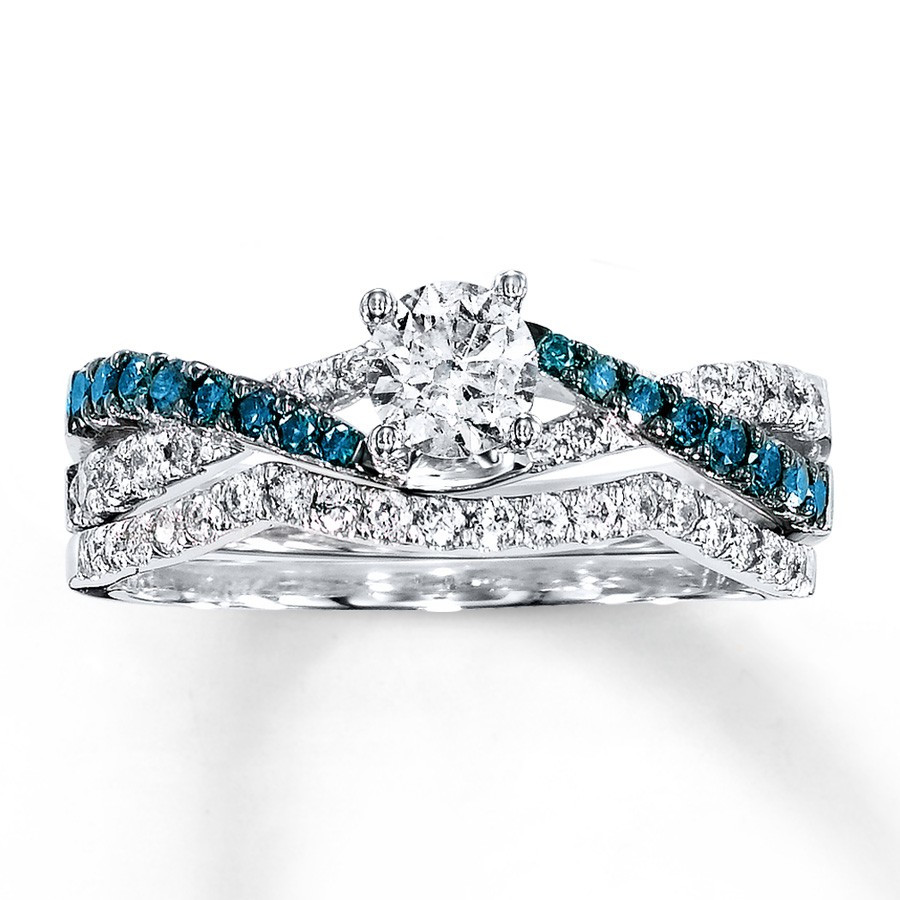 Blue Wedding Ring Set
 1 Carat Luxurious Round White Diamond and Blue Sapphire