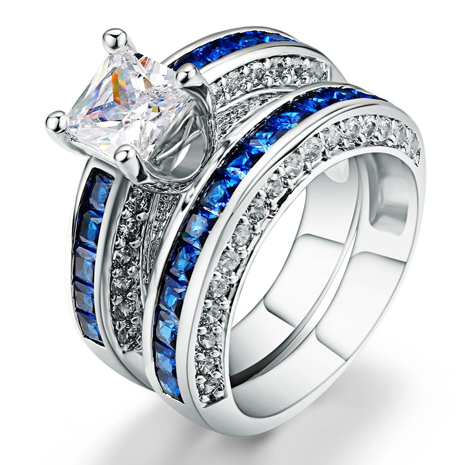 Blue Wedding Ring Set
 18K Gold Blue Sapphire Wedding Engagement Bridal Rings