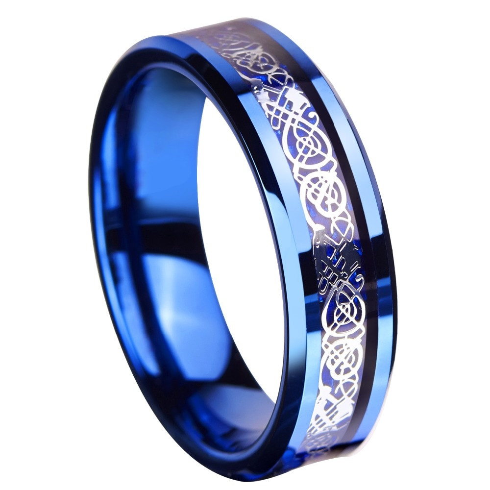 Blue Wedding Ring Set
 6mm Blue Tungsten Ring Sliver Color Celtic Dragon Wedding