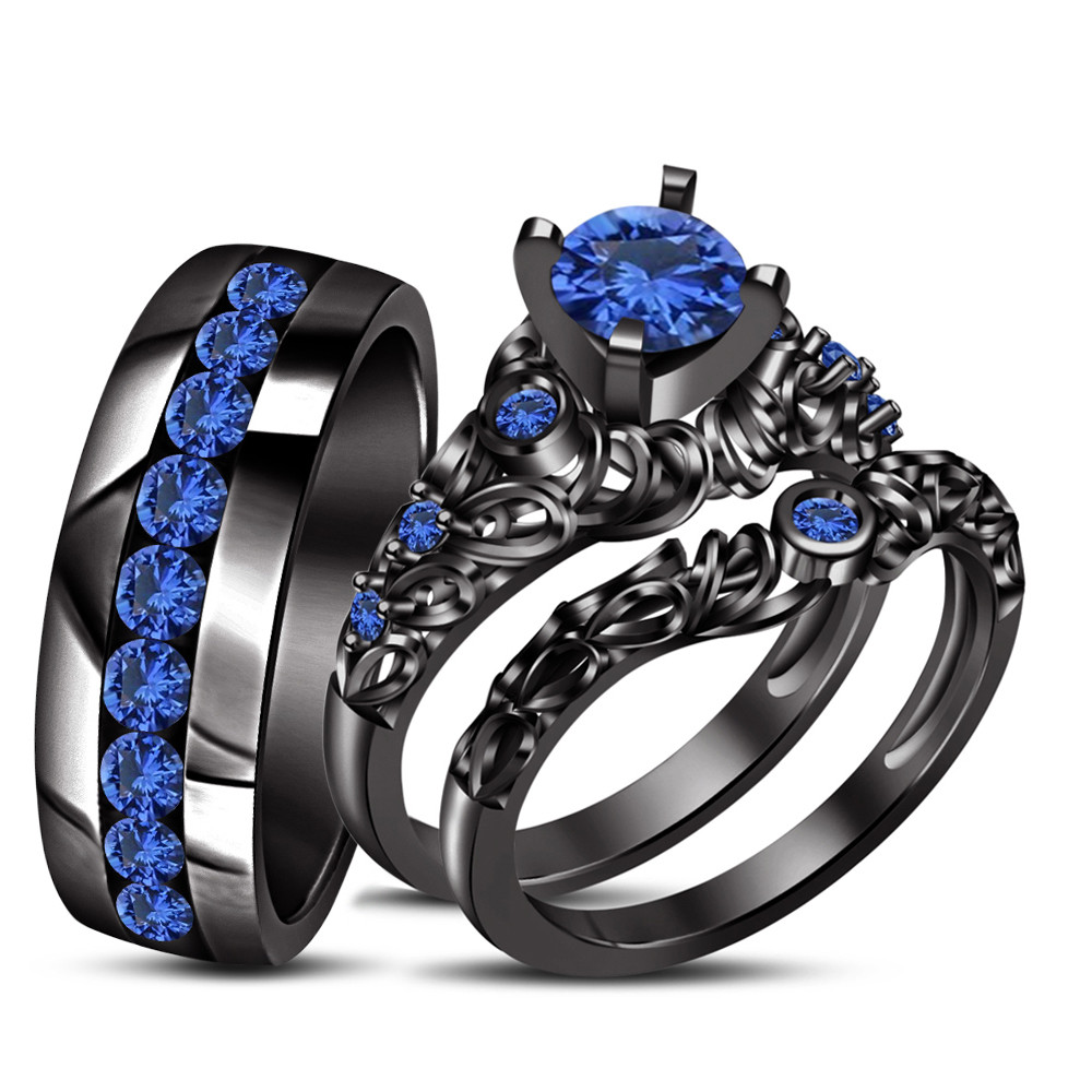 Blue Wedding Ring Set
 Blue Sapphire His & Her Wedding Band Ring Trio Set Black
