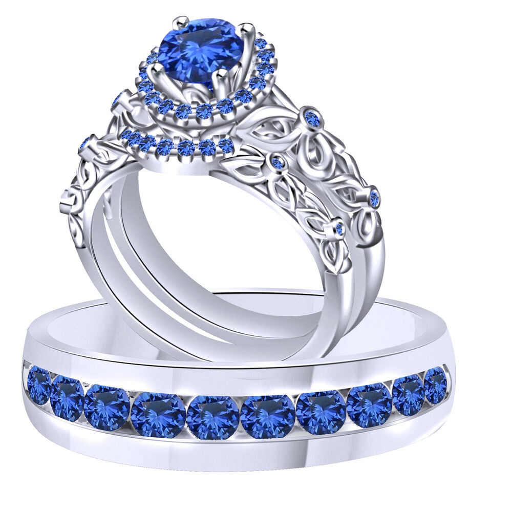 Blue Wedding Ring Set
 Blue Sapphire Trio Wedding Ring Band Set Solid 18K White