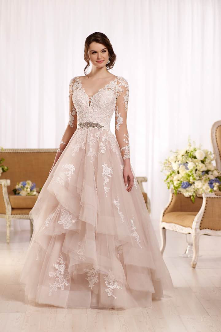 Blush Pink Wedding Gown
 2017 Blush Wedding Dress Lace Long Sleeve Pink V neck