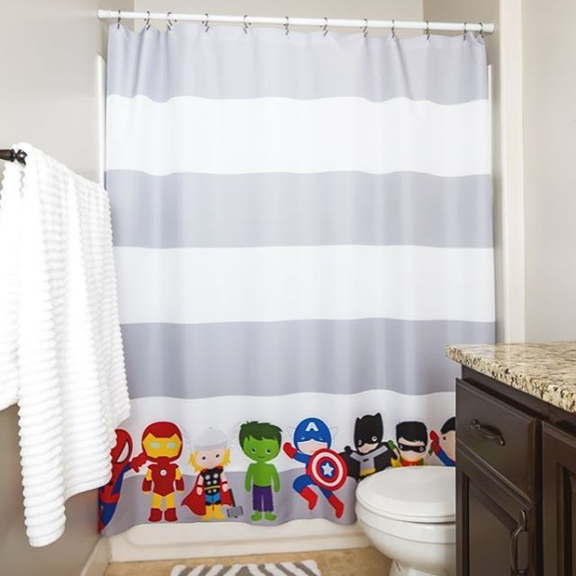 Boys Bathroom Shower Curtain
 Gray White Stripe Superhero Shower Curtain