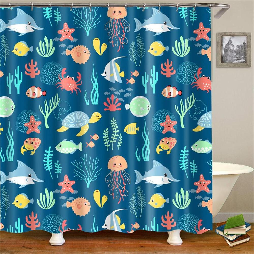 Boys Bathroom Shower Curtain
 Cartoon Kids Fabric Shower Curtain Waterproof Blue Ocean