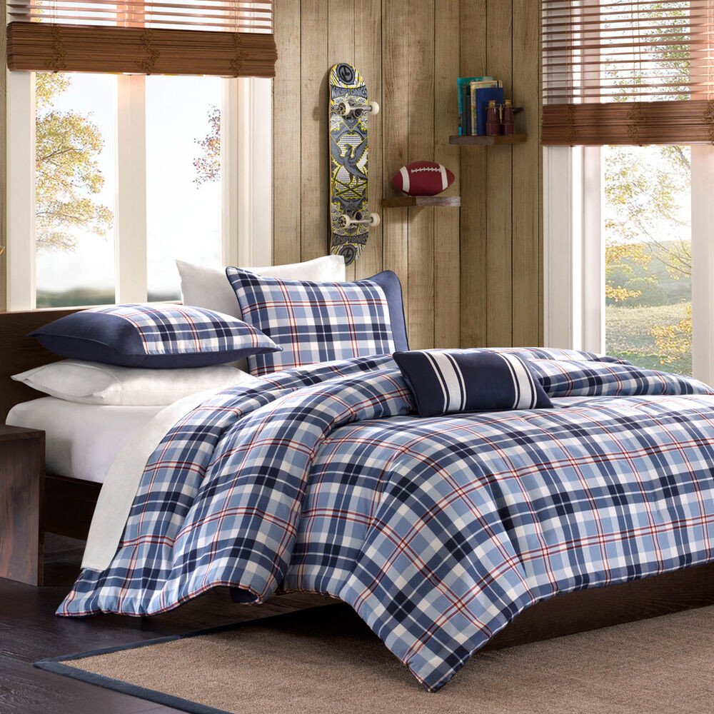 Boys Full Bedroom Set
 BEAUTIFUL BLUE WHITE GREY RED PLAID BOYS CABIN FORTER