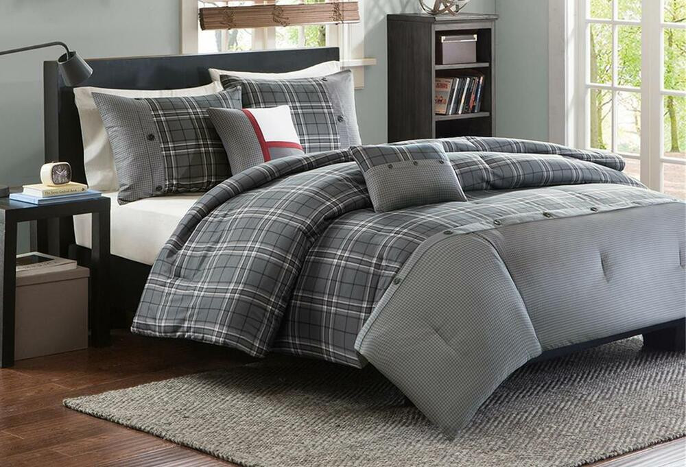 Boys Full Bedroom Set
 GREY PLAID Twin or Full Queen FORTER SET TEEN BOYS