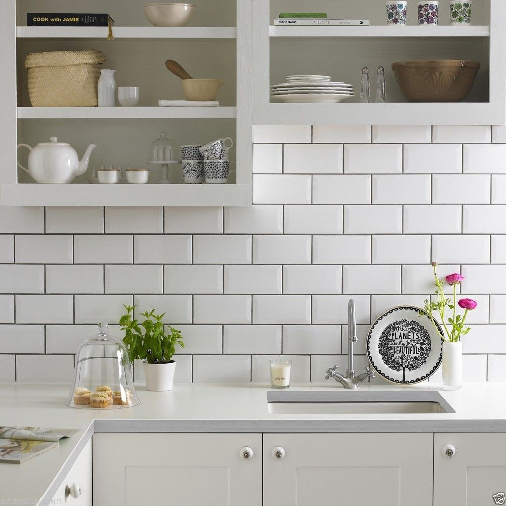 Brick Tiles Kitchen
 GLOSS WHITE METRO BEVELLED BRICK KITCHEN CERAMIC WALL