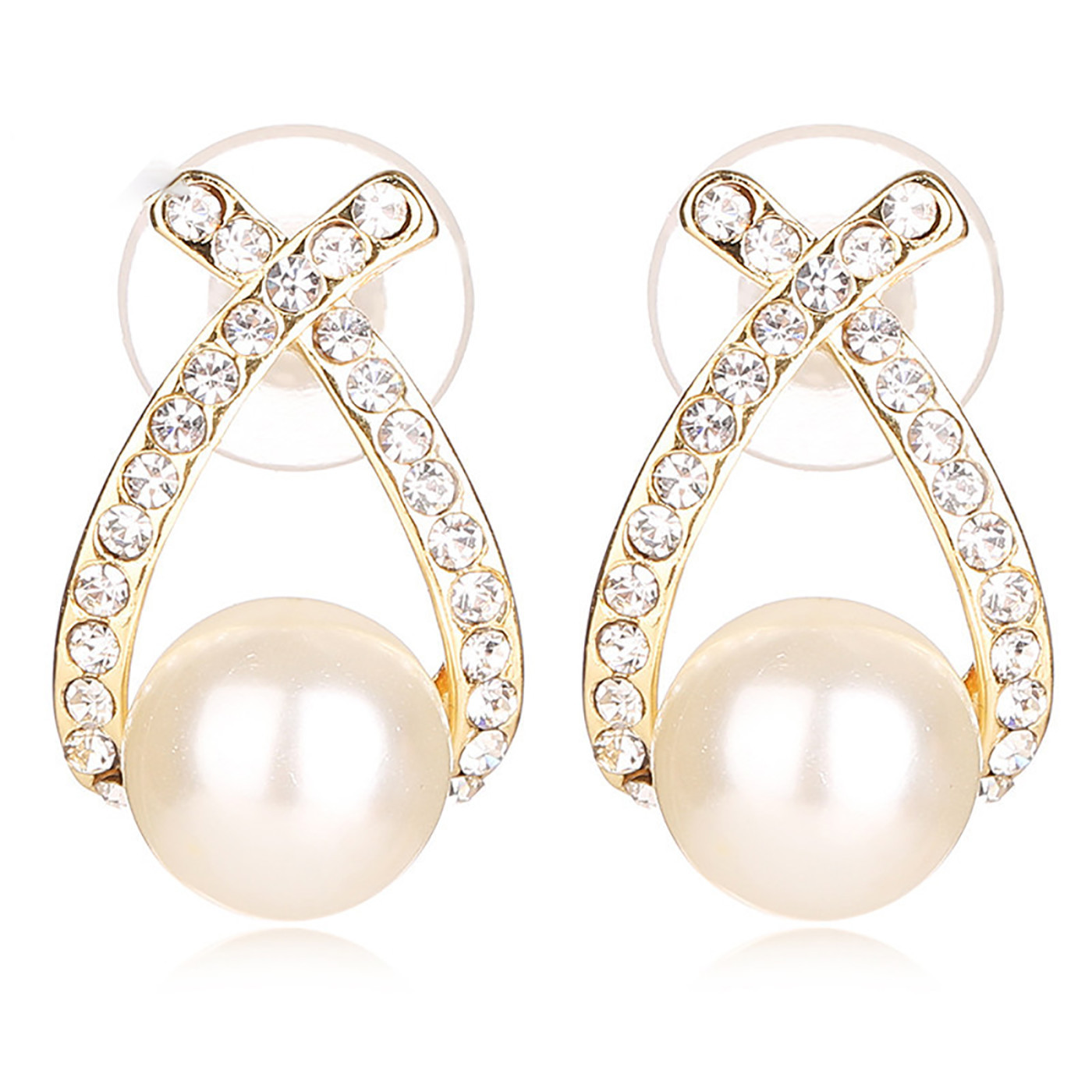 Bridal Pearl Earrings
 Simulated Silver Pearl Earrings Bridal Crystal 18K Gold