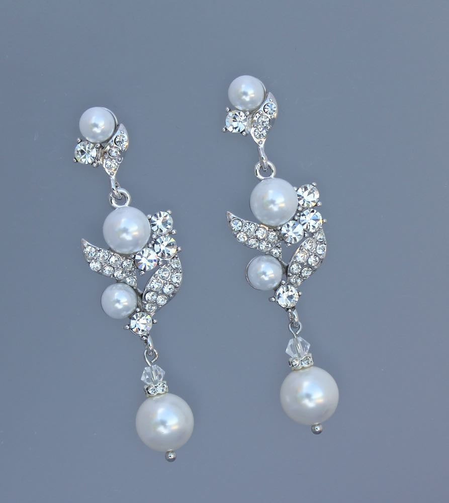 Bridal Pearl Earrings
 Chandelier Pearl Bridal Earrings Crystal Leaf and Pearl Drop