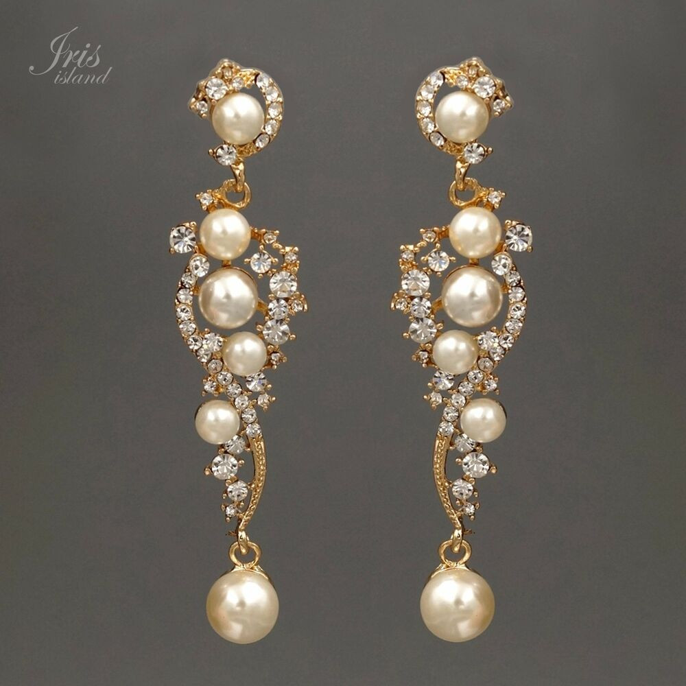 Bridal Pearl Earrings
 18K Gold Plated GP Clear Crystal Pearl Wedding Bridal Drop