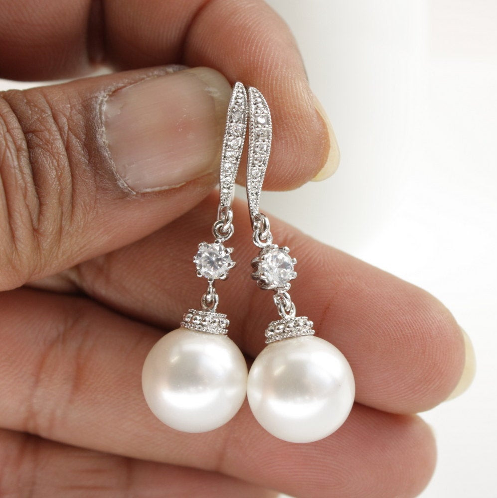 Bridal Pearl Earrings
 Bridal Pearl Drop Earrings Wedding Jewelry Cubic Zirconia