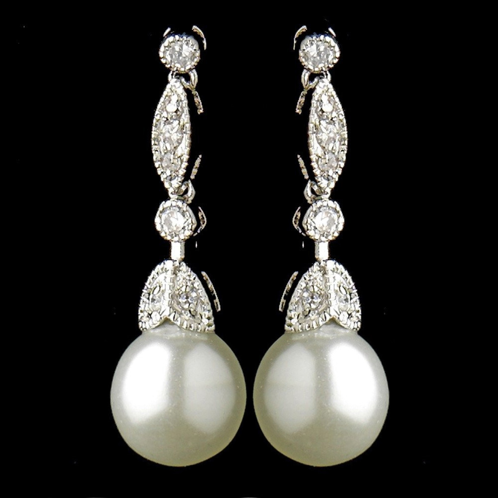 Bridal Pearl Earrings
 Simple Cubic Zirconia Vintage Bridal Pearl Drop Earrings E