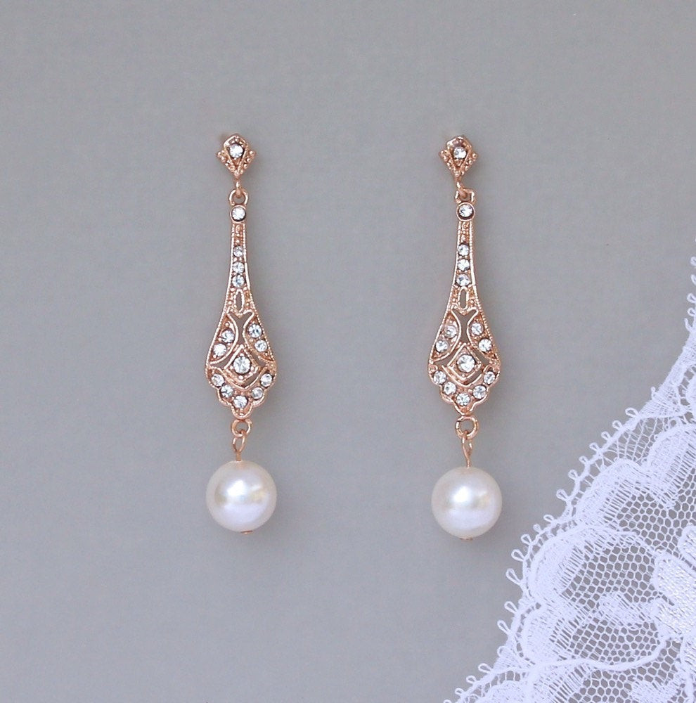 Bridal Pearl Earrings
 Rose Gold Crystal Earrings Bridal Pearl Drop Earrings Pink