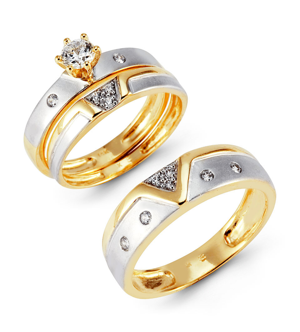 Bridal Sets Wedding Rings
 Two Tone 14k Gold CZ Cluster Solitaire Wedding Ring Set