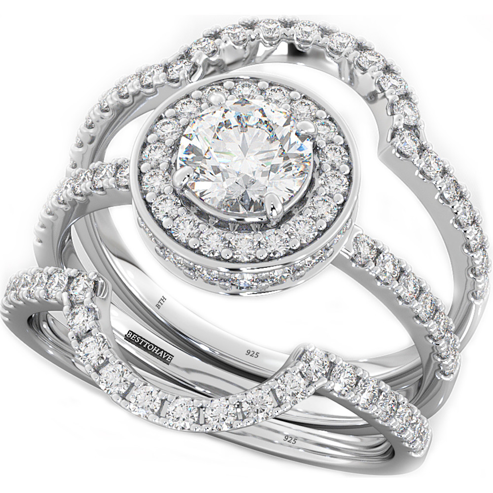 Bridal Sets Wedding Rings
 Round Cut CZ Halo Design 3 piece Genuine 925 Sterling