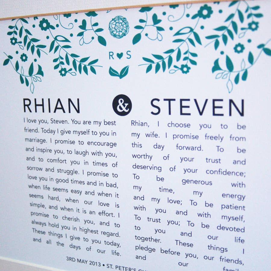 Bride Wedding Vows
 personalised bride and groom wedding vow print by ant