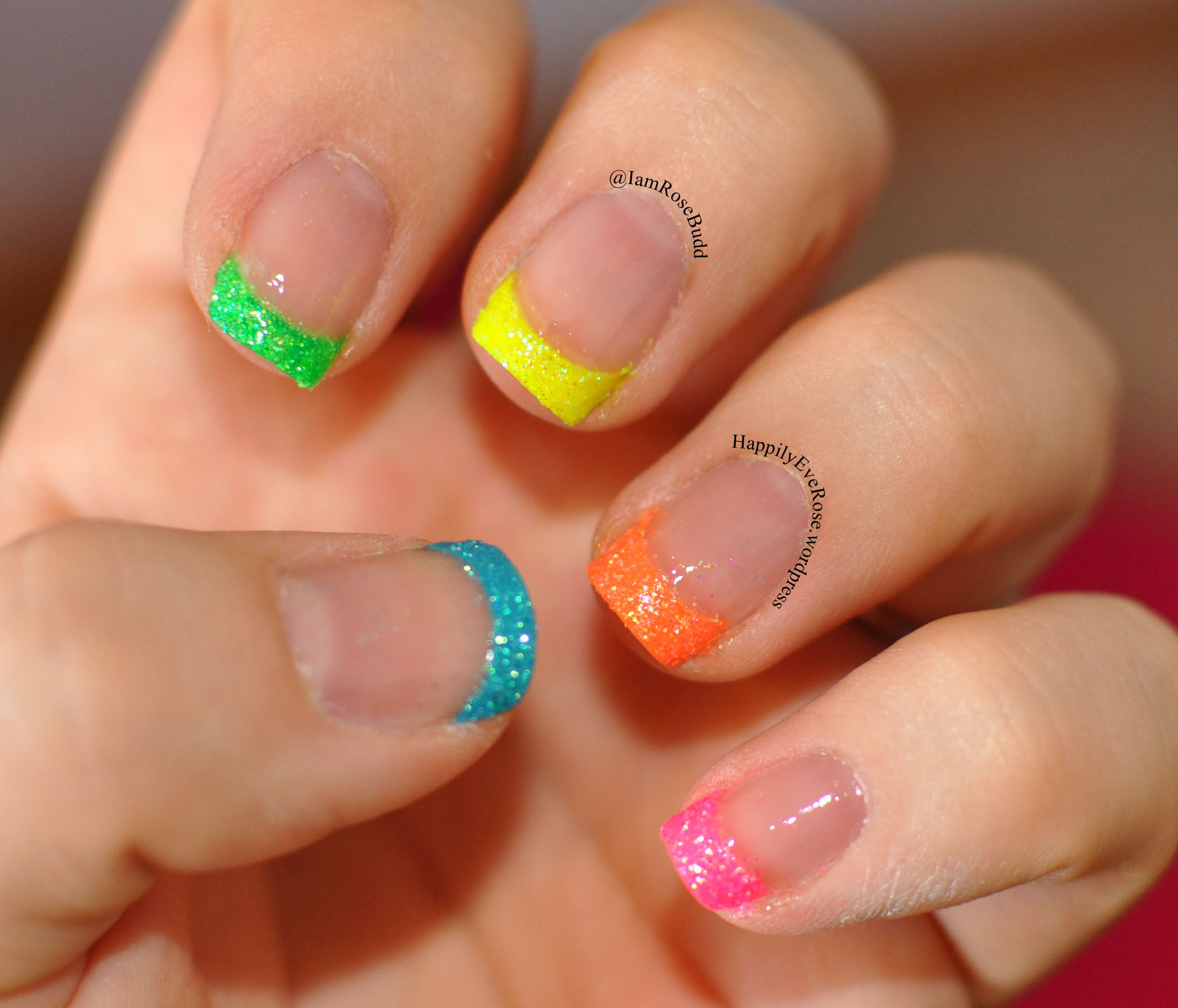 Bright Nail Art
 Neon French tip with animal print and neon glitter