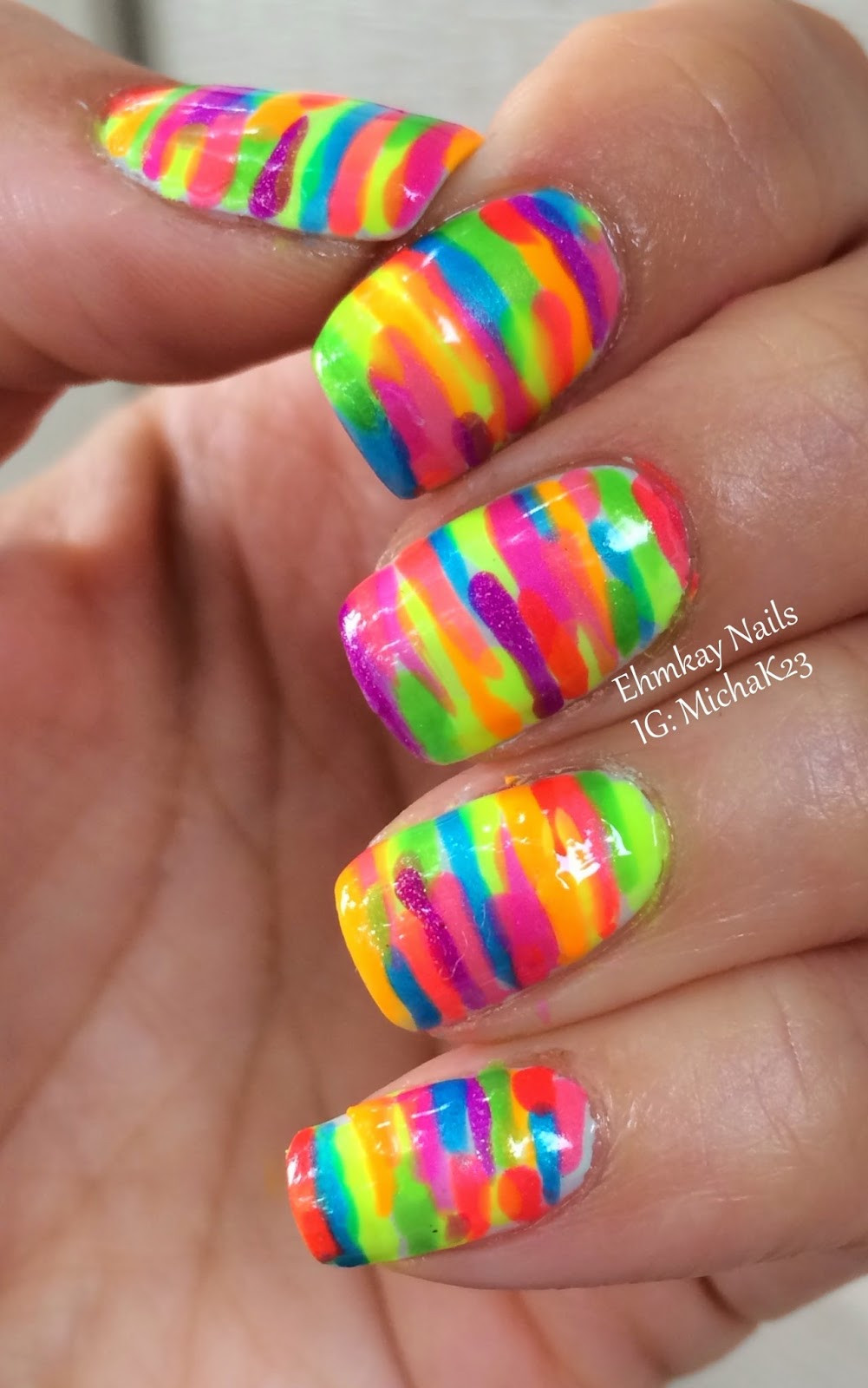 Bright Nail Art
 ehmkay nails Rainbow Neon Stripe Nail Art