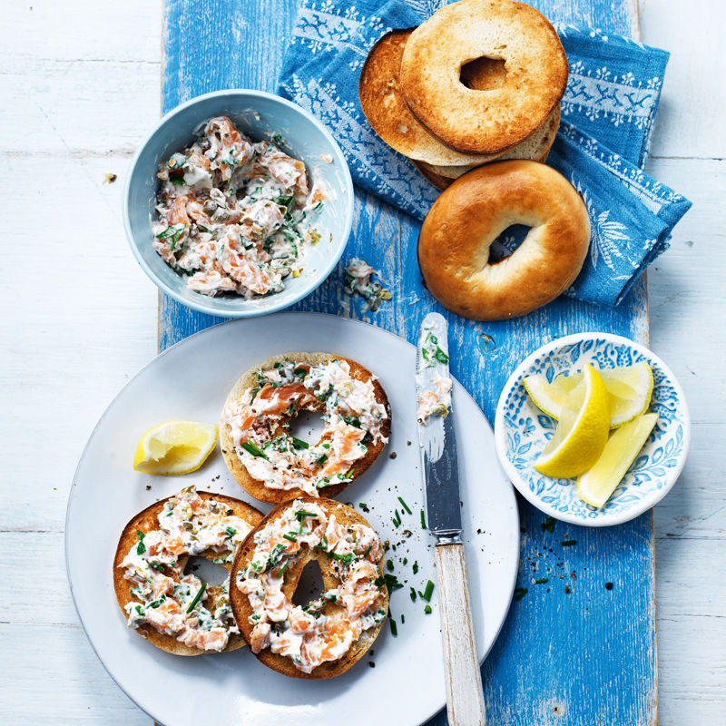 Brined Salmon Served On Bagels
 Mini bagels with smoked salmon spread Healthy Recipe