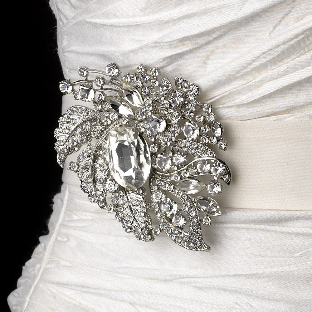 Brooches Dress
 Wedding Sash Bridal Belt with Silver Clear Crystal Leaf