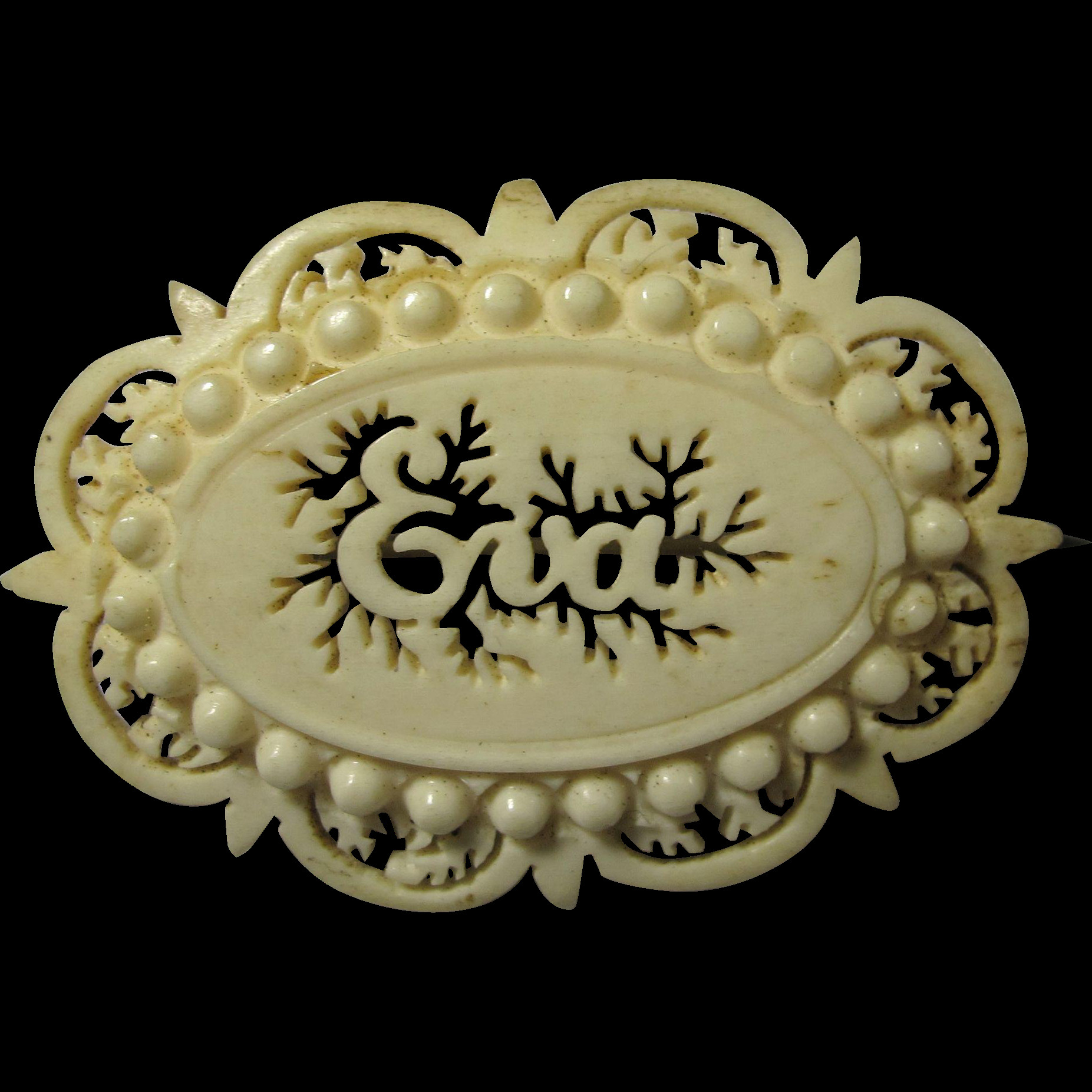 Brooches Name
 Victorian Carved Bovine Bone Name Brooch "Eva" from