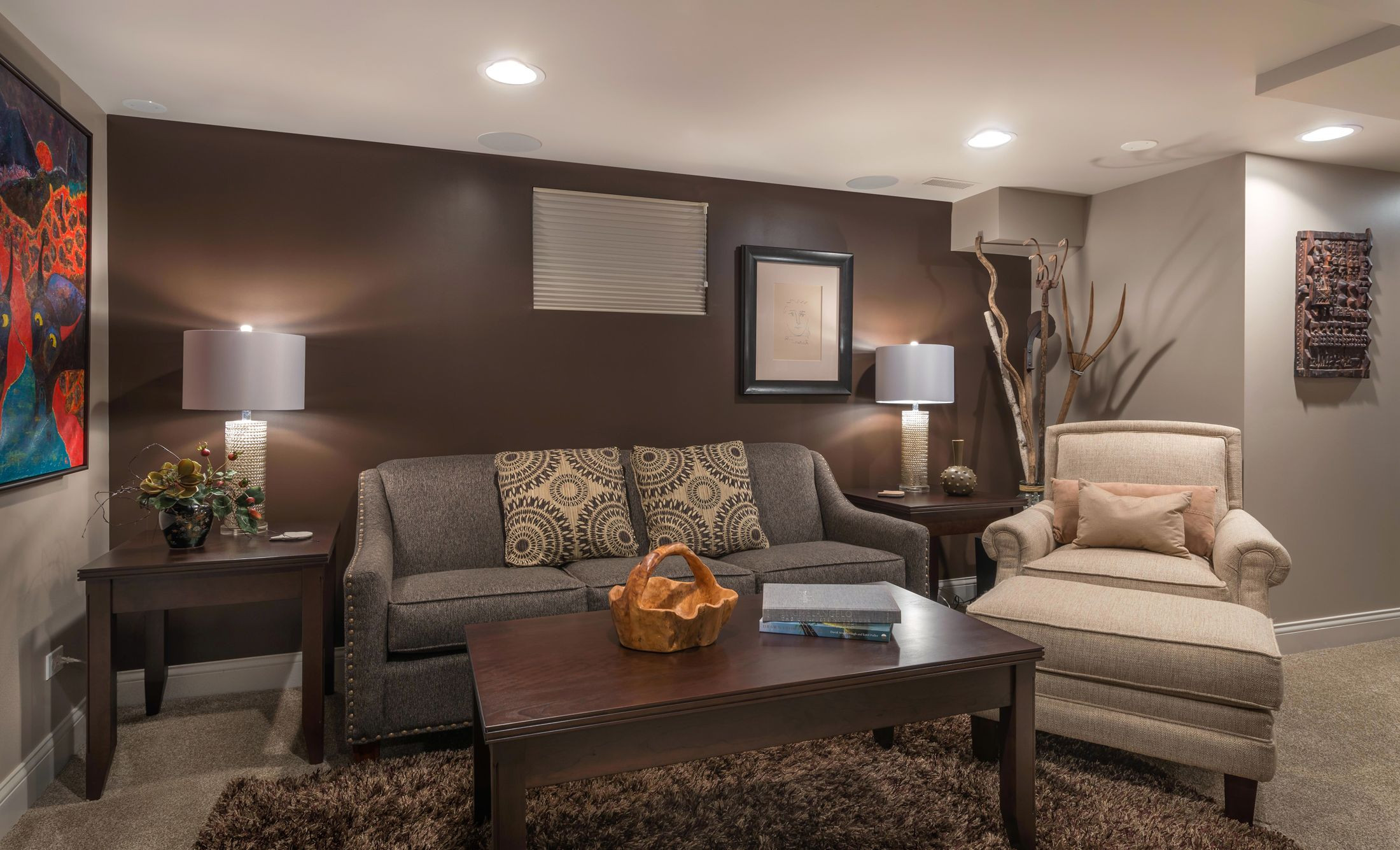 Brown Accent Walls Living Room
 Neutral color palette with dark brown accent wall Custom