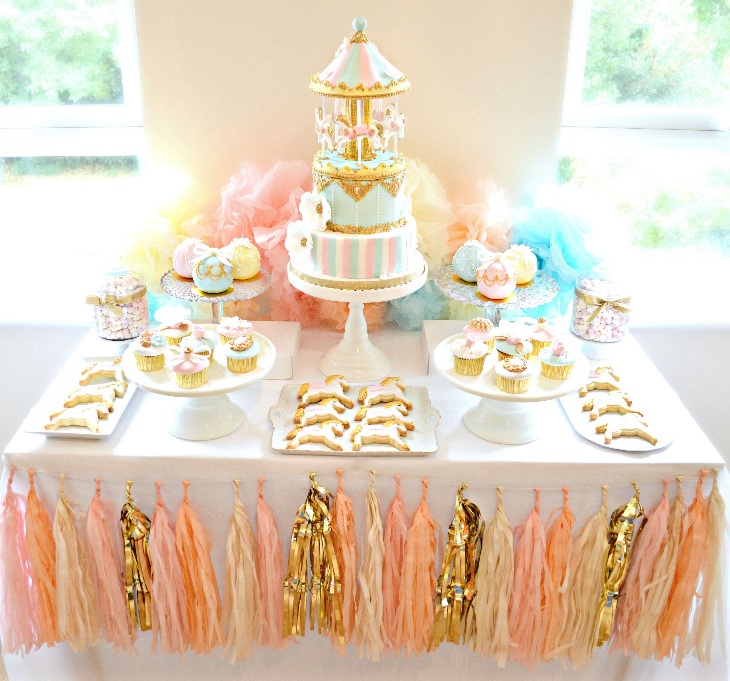 Cake Table Decorations For Birthday
 Pink Blue and Gold Carousel Cake Table First Birthday