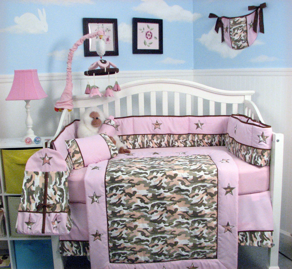 Camouflage Baby Decor
 Khaki & Pink Camo Baby Crib Nursery Bedding 13 pcs Set